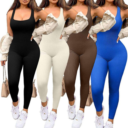 Women Sleeveless Jumpsuit Square Neck Ribbed Rompers Solid Workout Bodycon Sport Jumpsuit One Piece Outfits