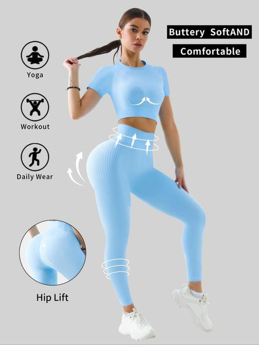 Women'S Solid Tracksuit Set, Sport Raglan Sleeve Crop Top & High Waist Leggings, Summer Clothes Women, Women Tracksuits for Summer