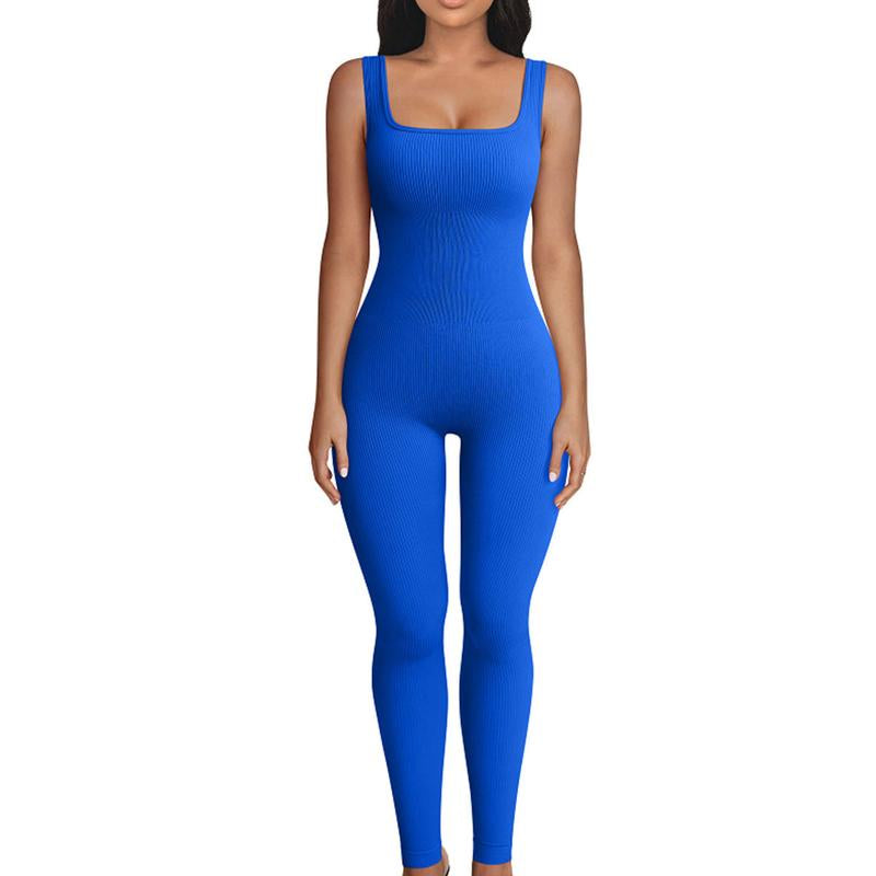 Women Sleeveless Jumpsuit Square Neck Ribbed Rompers Solid Workout Bodycon Sport Jumpsuit One Piece Outfits
