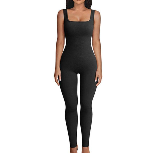 Women Sleeveless Jumpsuit Square Neck Ribbed Rompers Solid Workout Bodycon Sport Jumpsuit One Piece Outfits