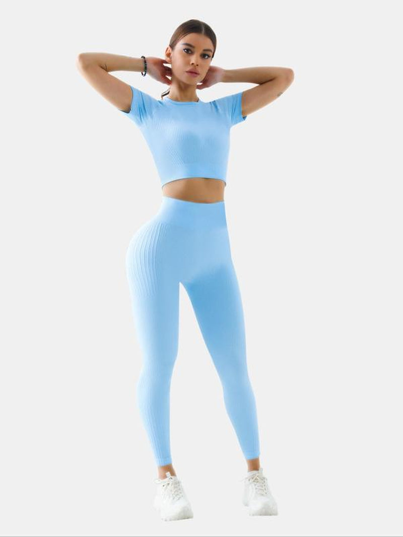 Women'S Solid Tracksuit Set, Sport Raglan Sleeve Crop Top & High Waist Leggings, Summer Clothes Women, Women Tracksuits for Summer