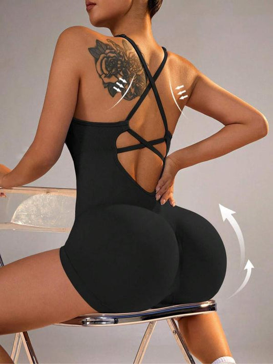 Women'S Solid Criss Cross Backless Ruched Sports Cami Jumpsuit, Sporty Solid Shapewear Bodysuit for Yoga Gym Workout Running, Women Sport & Outdoor Clothing for Summer