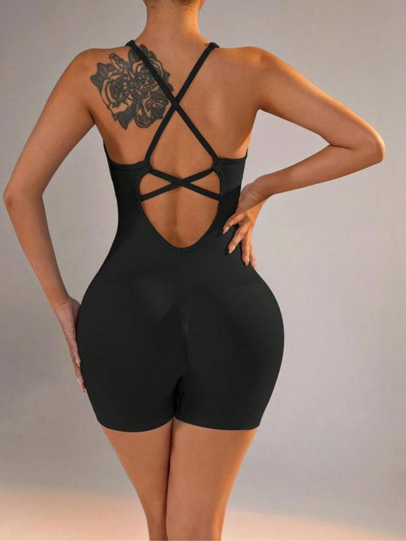Women'S Solid Criss Cross Backless Ruched Sports Cami Jumpsuit, Sporty Solid Shapewear Bodysuit for Yoga Gym Workout Running, Women Sport & Outdoor Clothing for Summer