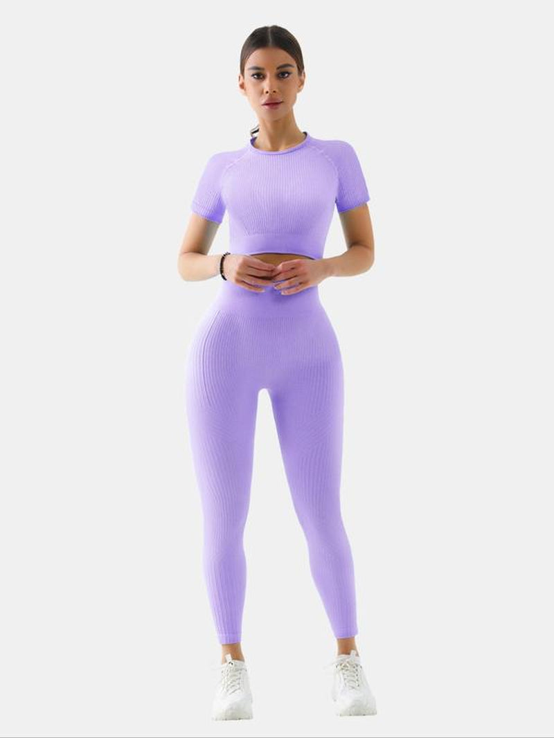 Women'S Solid Tracksuit Set, Sport Raglan Sleeve Crop Top & High Waist Leggings, Summer Clothes Women, Women Tracksuits for Summer