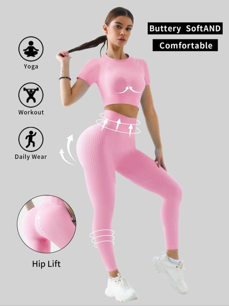 Women'S Solid Tracksuit Set, Sport Raglan Sleeve Crop Top & High Waist Leggings, Summer Clothes Women, Women Tracksuits for Summer