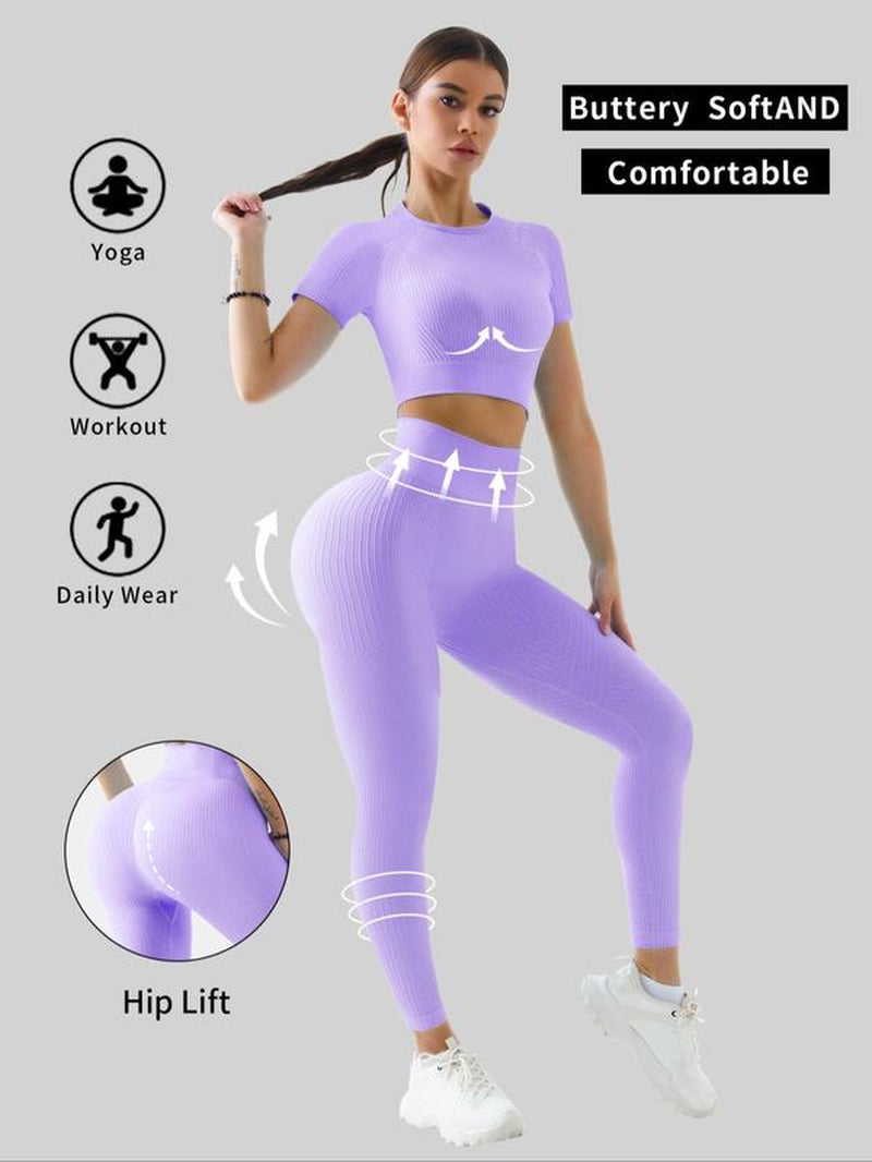 Women'S Solid Tracksuit Set, Sport Raglan Sleeve Crop Top & High Waist Leggings, Summer Clothes Women, Women Tracksuits for Summer