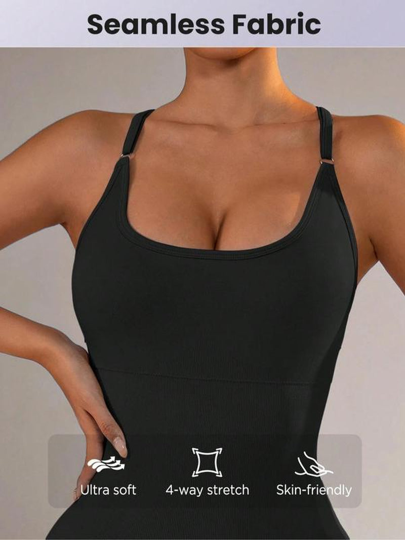 Women'S Solid Criss Cross Backless Ruched Sports Cami Jumpsuit, Sporty Solid Shapewear Bodysuit for Yoga Gym Workout Running, Women Sport & Outdoor Clothing for Summer