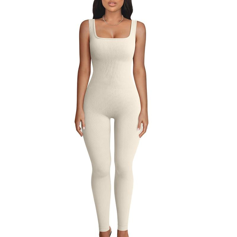 Women Sleeveless Jumpsuit Square Neck Ribbed Rompers Solid Workout Bodycon Sport Jumpsuit One Piece Outfits