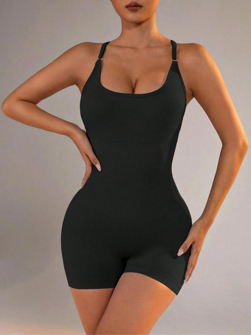 Women'S Solid Criss Cross Backless Ruched Sports Cami Jumpsuit, Sporty Solid Shapewear Bodysuit for Yoga Gym Workout Running, Women Sport & Outdoor Clothing for Summer