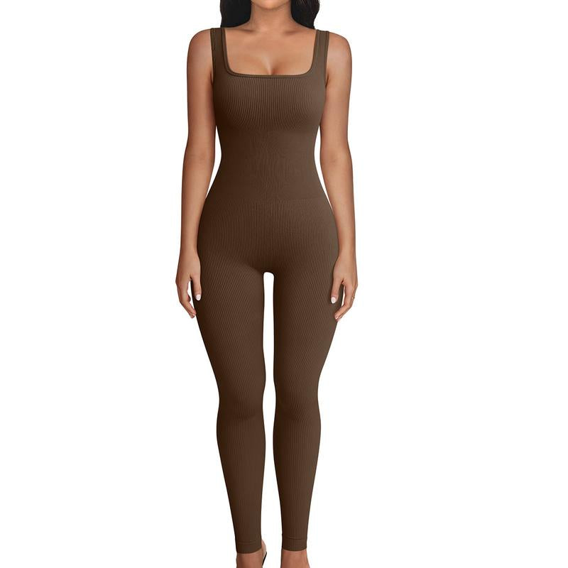 Women Sleeveless Jumpsuit Square Neck Ribbed Rompers Solid Workout Bodycon Sport Jumpsuit One Piece Outfits